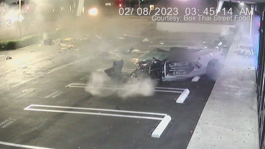 Aftermath of a speeding Corvette crashing into another vehicle in Lake Balboa on Feb. 8, 2023. (KTLA)