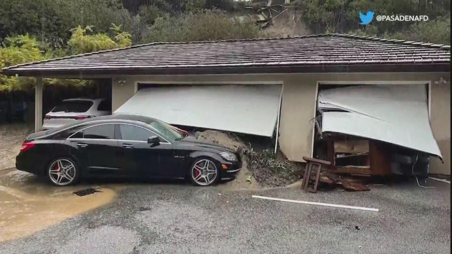 Mudslide destroying a garage in Pasadena on Feb. 25, 2023. (Pasadena Fire Dept.)