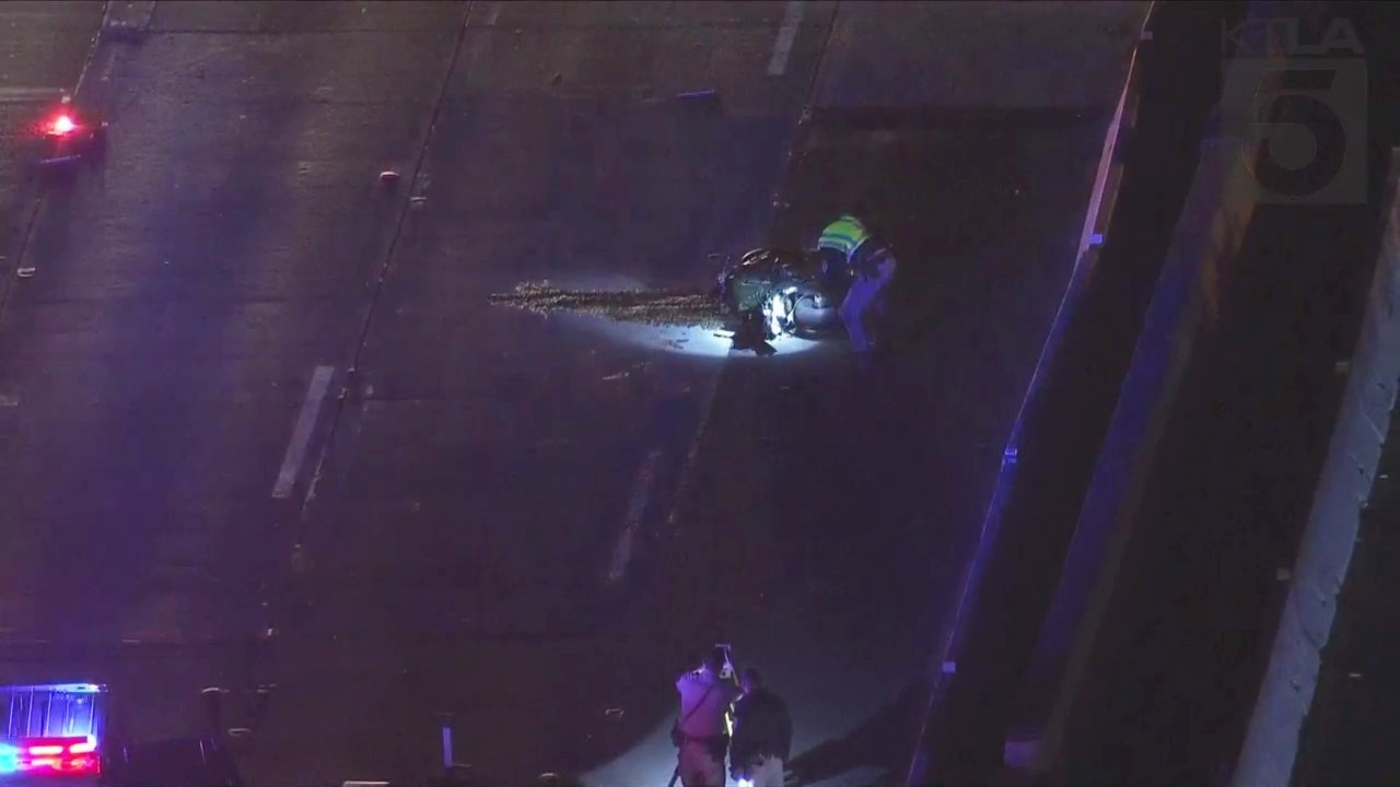 Roads on the 101 Freeway were closed after a motorcyclist was killed in a crash on Feb. 21, 2023. (KTLA)