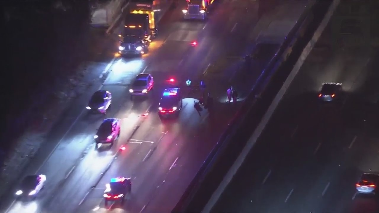 Roads on the 101 Freeway were closed after a motorcyclist was killed in a crash on Feb. 21, 2023. (KTLA)