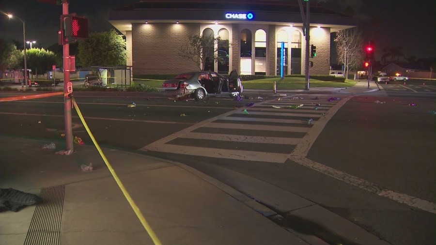 Five people were hospitalized after a hit-and-run crash in Seal Beach on Feb. 11, 2023. (KTLA)