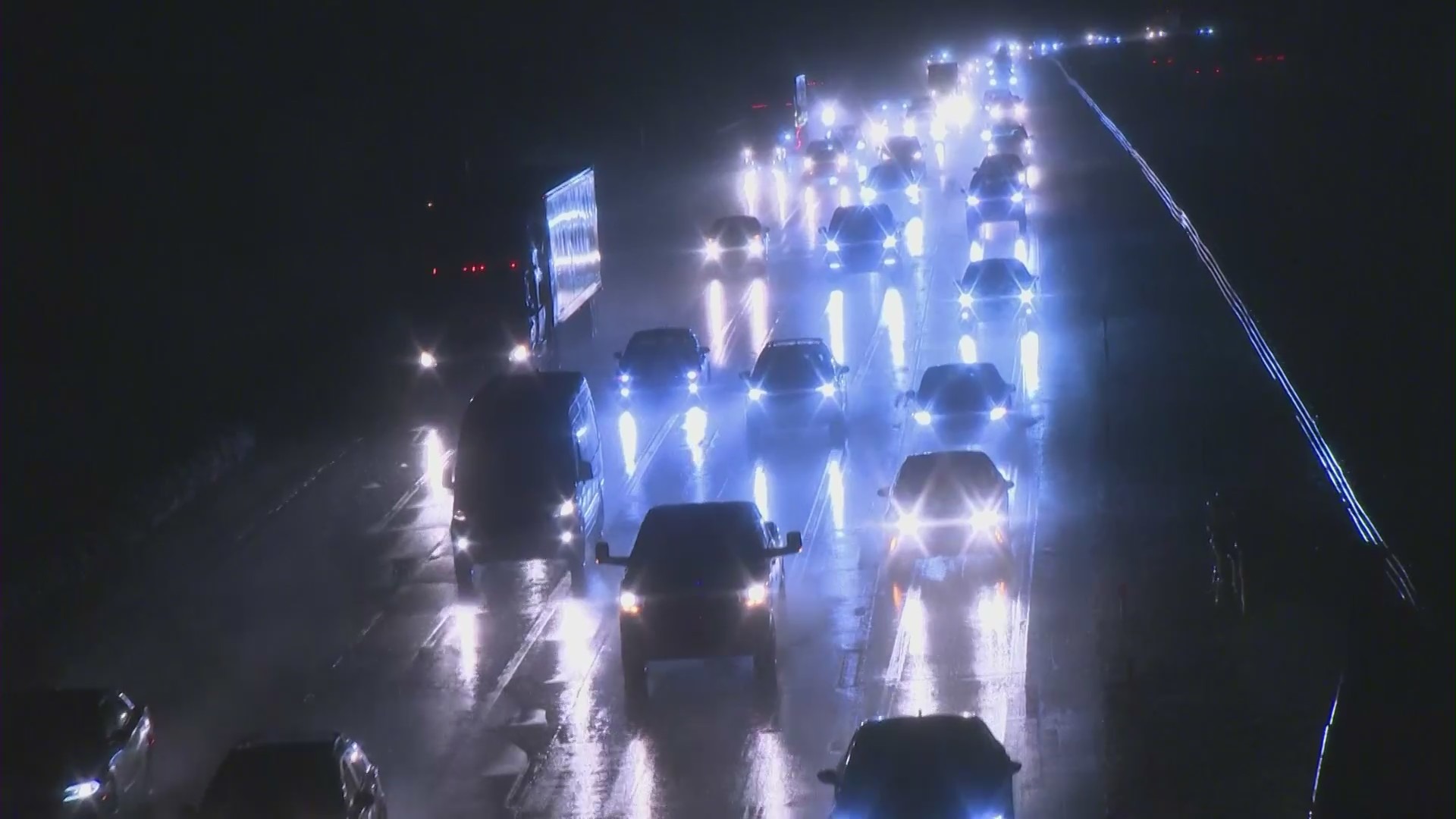 Traffic backed up as snowfall shuts down roads in the Grapevine as a winter storm batters Southern California. (KTLA)