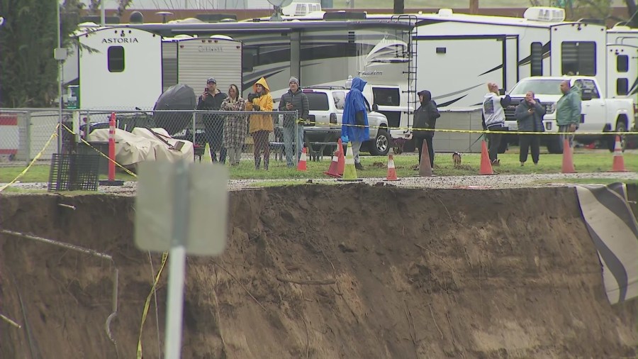 Residents concerned as a winter storm destroys the land at a Castaic RV park on Feb. 25, 2023. (KTLA)