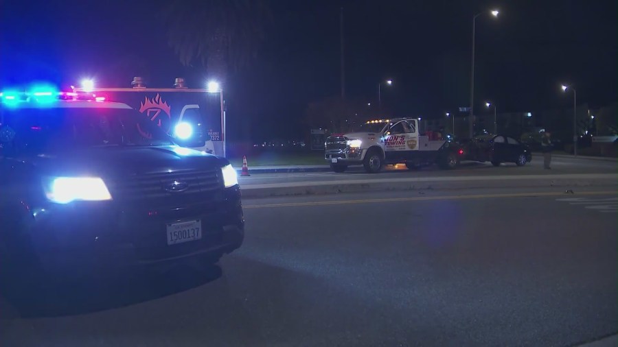 Six people were hospitalized after a three-vehicle crash in Woodland Hills on Feb. 11, 2023. (KTLA)