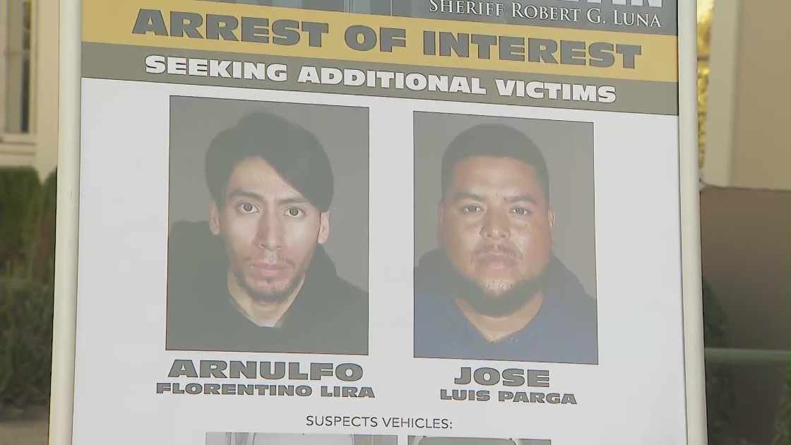 Two men arrested in an elaborate carjacking scheme are seen in photos during a news conference on Feb. 9, 2023. (KTLA)