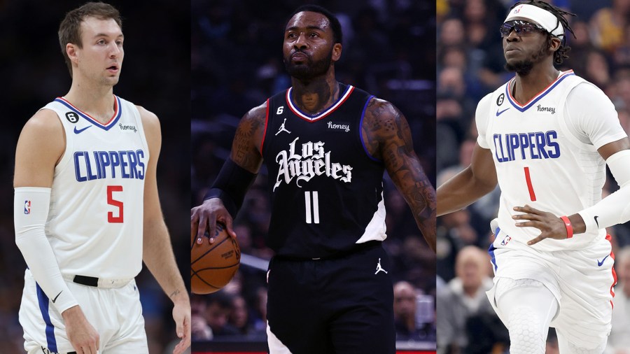 Luke Kennard (left), John Wall (center) and Reggie Jackson (right) were both traded from the Los Angeles Clippers during a pair of NBA trade deadline day moves on Feb. 9, 2023 (Getty Images)