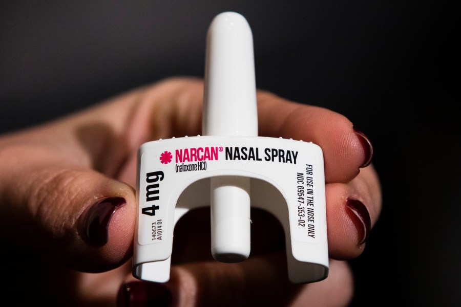 FILE - The overdose-reversal drug Narcan is displayed during training for employees of the Public Health Management Corporation (PHMC), Dec. 4, 2018, in Philadelphia.  The U.S. Food and Drug Administration has approved selling overdose antidote naloxone over-the-counter, Wednesday, March 29, 2023, marking the first time a opioid treatment drug will be available without a prescription.   (AP Photo/Matt Rourke, File)