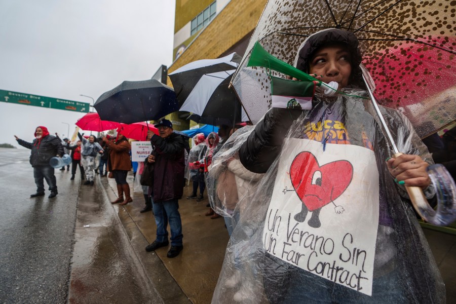 Los Angeles Unified School District, LAUSD teachers and Service Employees International Union 99 members strike under heavy rain asking for a fair contract outside the Edward R. Roybal Learning Center in Los Angeles on March 21, 2023. (Damian Dovarganes/