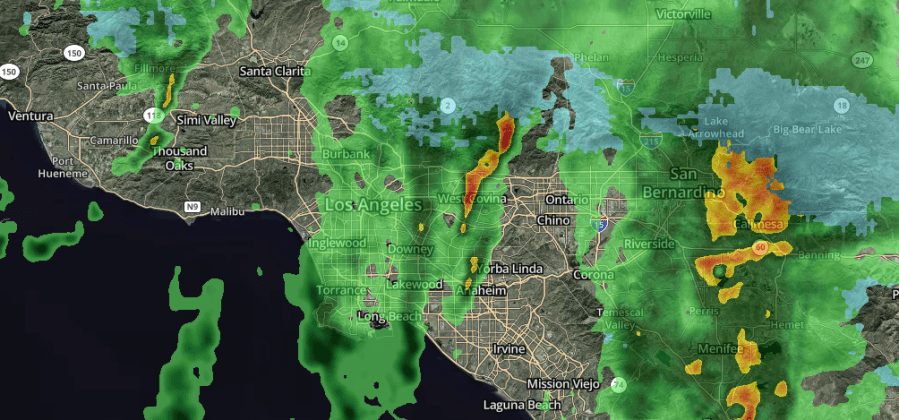 Images from KTLA's Interactive Radar Map of a strong storm system moving across the Southland Mar. 21, 2023.