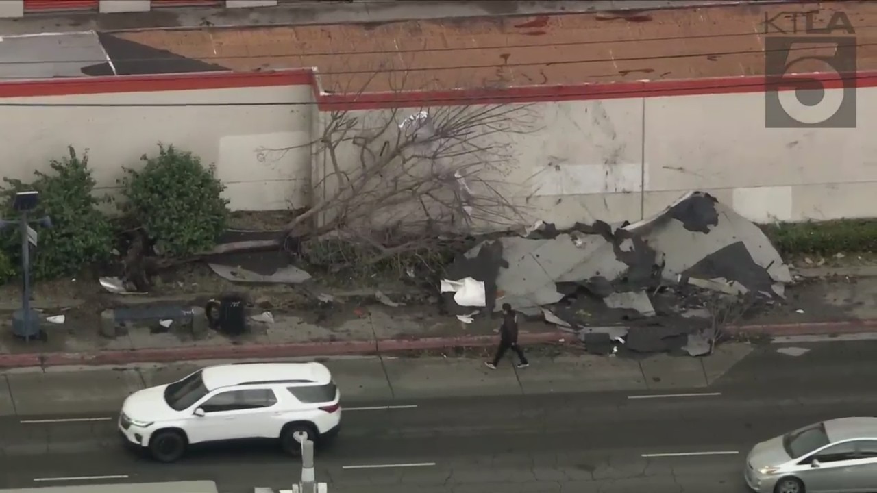 A roof in Montebello, California was damaged by a reported tornado on March 22, 2023. (KTLA)