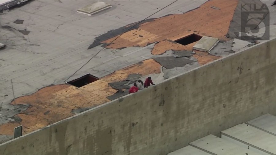 A roof in Montebello was damaged by a reported tornado on March 22, 2023 (KTLA)