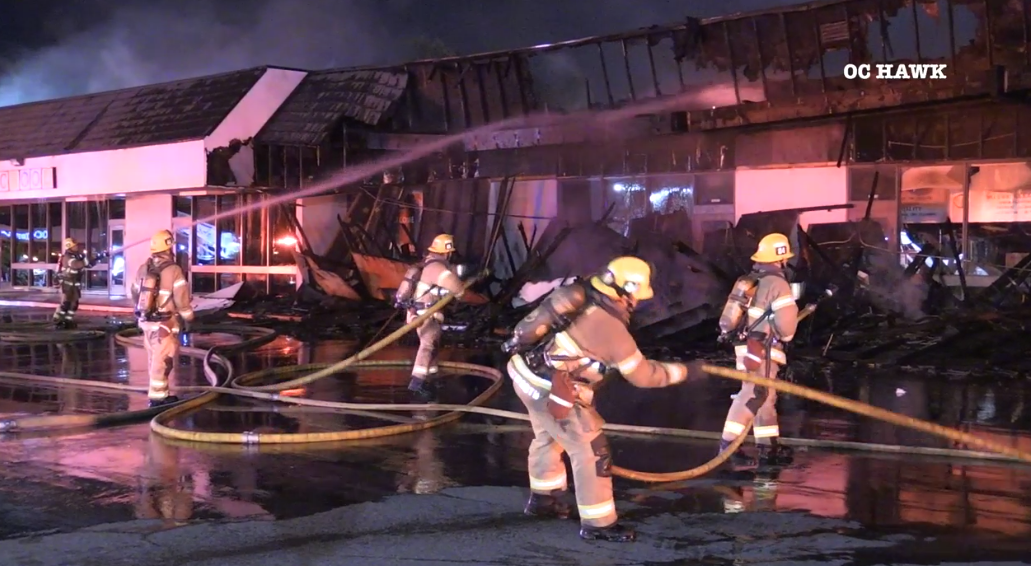 More than 40 firefighters responded to a blaze at a Garden Grove strip mall on March 30, 2023. (OC Hawk)