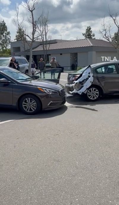 Video shows a carjacker on a destructive rampage in Agoura Hills as she crashes into eight vehicles as terrified shoppers watch on March 31, 2023. (TNLA)