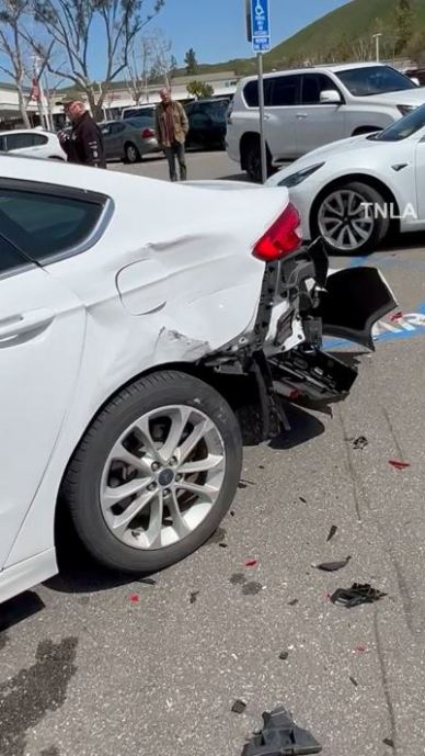 Video shows a carjacker on a destructive rampage in Agoura Hills as she crashes into eight vehicles as terrified shoppers watch on March 31, 2023. (TNLA)