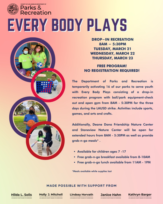 L.A. County Recreation and Park sites will offer "Every Body Plays," a free drop-in program for students amid the LAUSD strike. (L.A. County Parks)