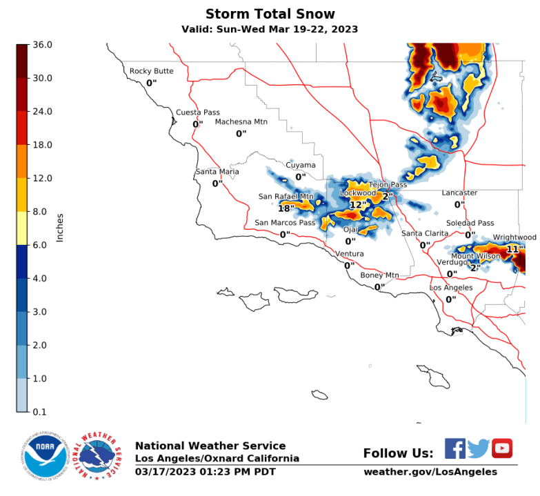 Forecasted snow totals for Southern California. (National Weather Service)