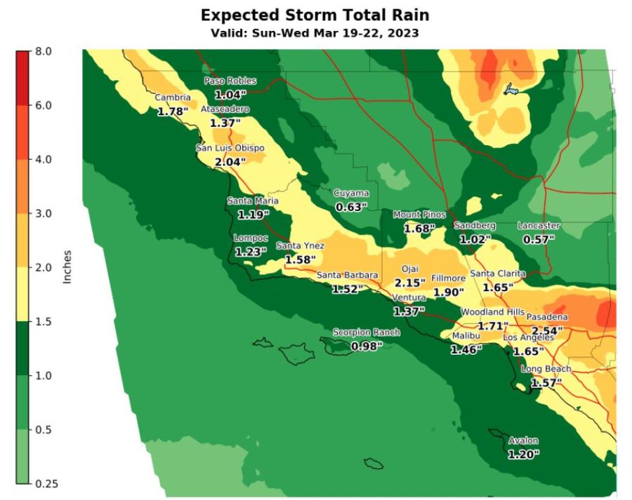 Forecasted rainfall totals for Southern California. (National Weather Service)