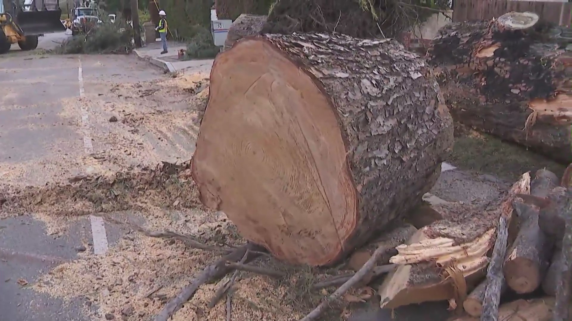 Stormy weather across Southern California continued causing destruction on Wednesday, downing trees and powerlines while causing sinkholes and mudslides. (KTLA)