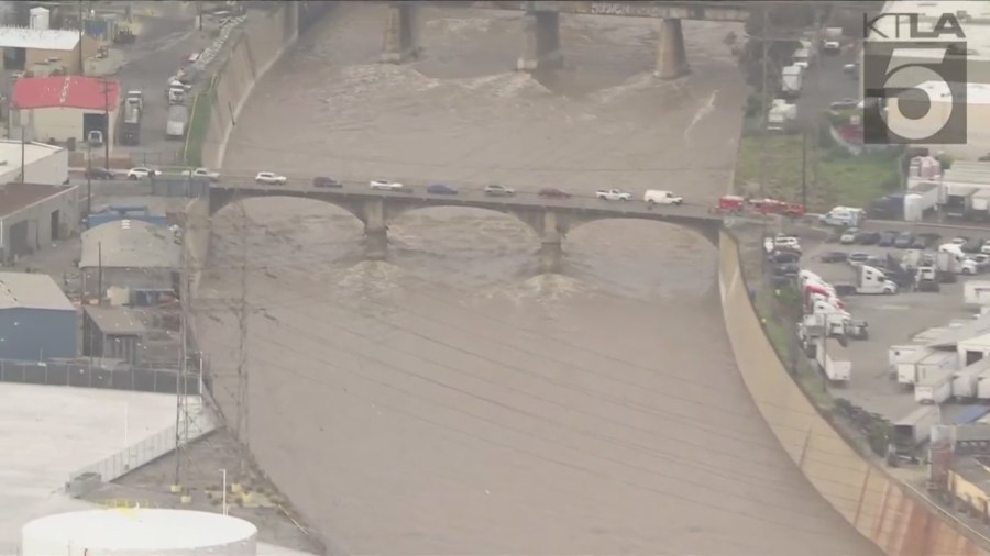 Authorities rescued a man who was swept into the Los Angeles River on March 15, 2023. (KTLA)