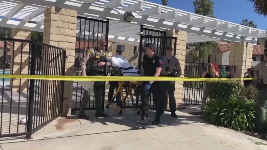 Two people were fatally shot while sitting by the pool in a Newhall apartment complex on March 18, 2023. (KeyNews.TV)