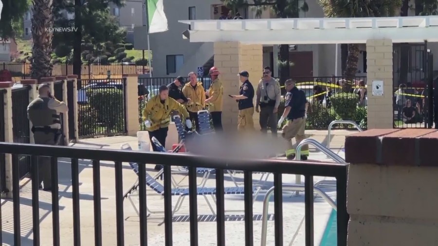 Two people were fatally shot while sitting by the pool in a Newhall apartment complex on March 18, 2023. (KeyNews.TV)