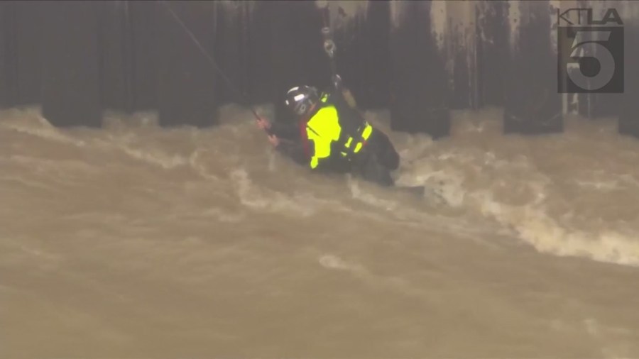 Authorities rescued a man who was swept into the Los Angeles River on March 15, 2023. (KTLA)