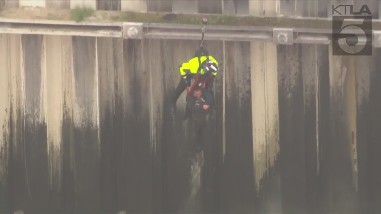 Authorities rescued a man who was swept into the Los Angeles River on March 15, 2023. (KTLA)