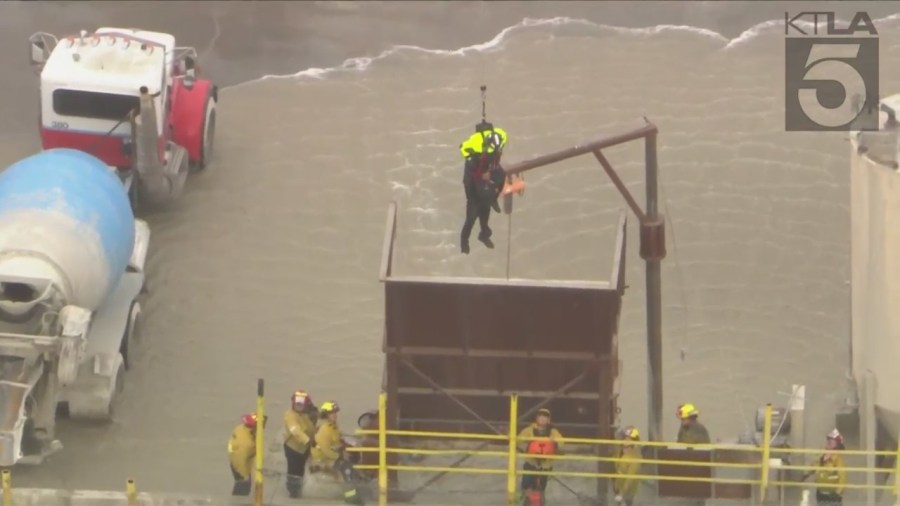 Authorities rescued a man who was swept into the Los Angeles River on March 15, 2023. (KTLA)