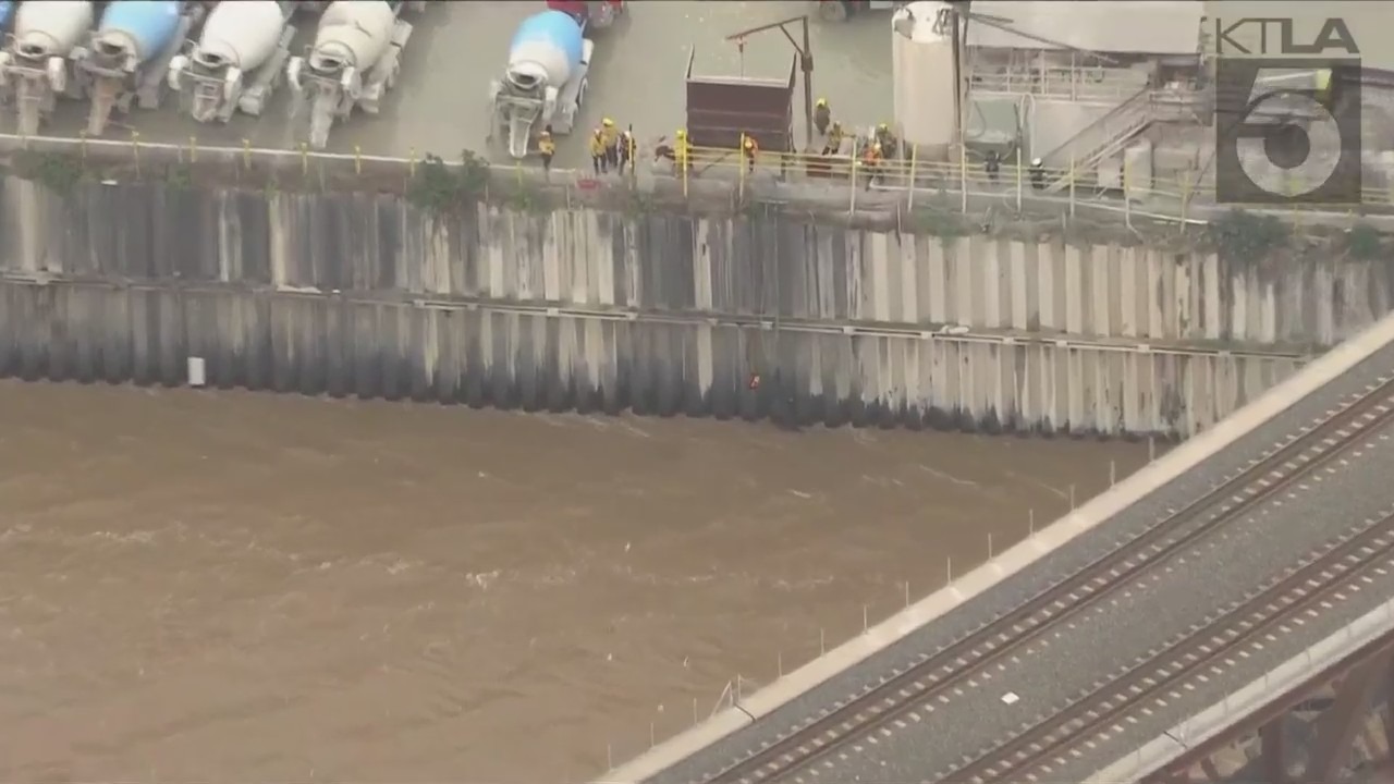 Authorities rescued a man who was swept into the Los Angeles River on March 15, 2023. (KTLA)