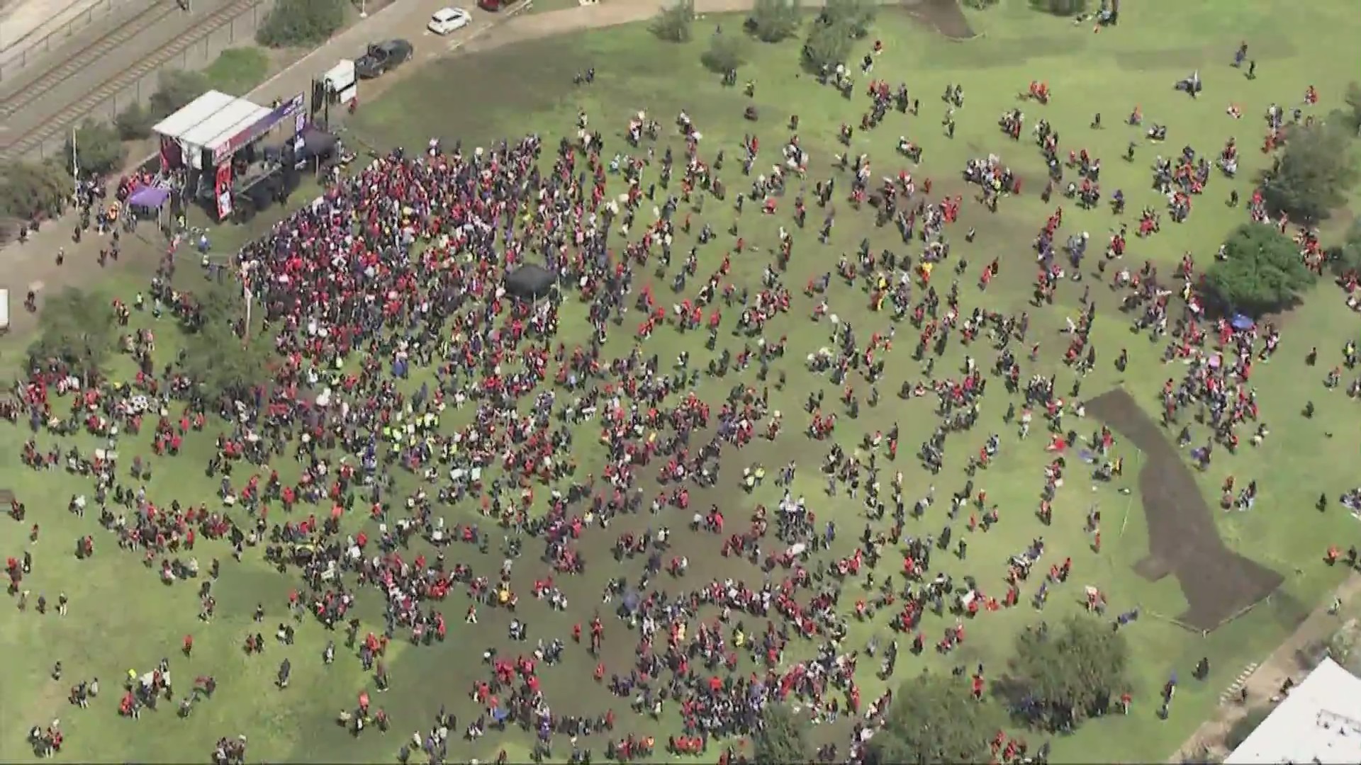 Around 60,000 Los Angeles Unified School District employees on strike, calling for higher wages and better working conditions on March 23, 2023. (KTLA)