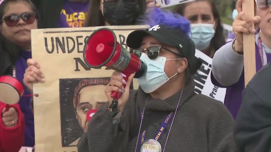 Around 60,000 Los Angeles Unified School District employees on strike, calling for higher wages and better working conditions on March 23, 2023. (KTLA)