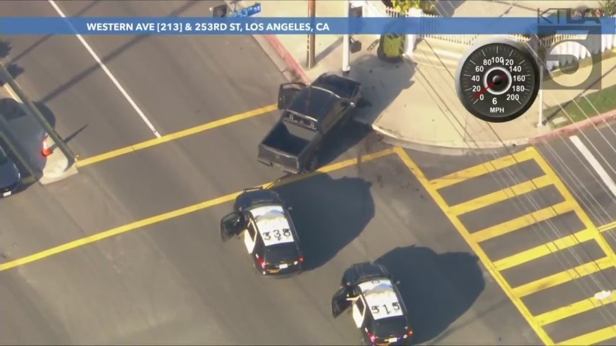 Suspect crashes into street pole during a pursuit in L.A. County. (KTLA)