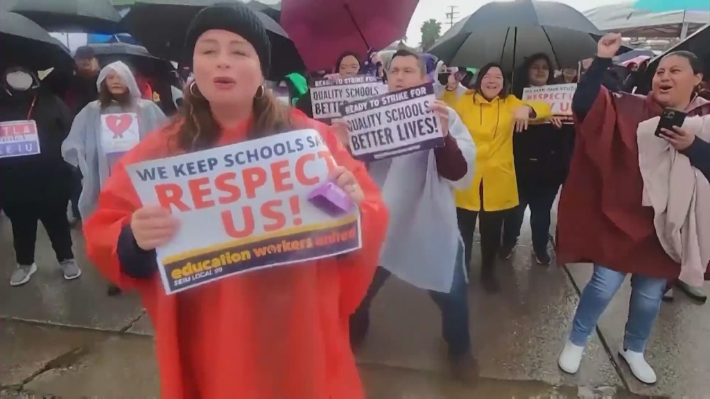 Around 60,000 Los Angeles Unified School District employees on strike, calling for higher wages and better working conditions on March 23, 2023. (KTLA)