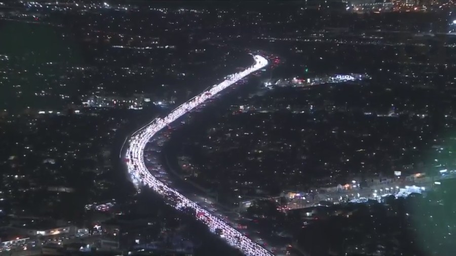 The California Highway Patrol shut down 405 Freeway lanes in Hawthorne after a shooting involving CHP officers on March 30, 2023. (KTLA)