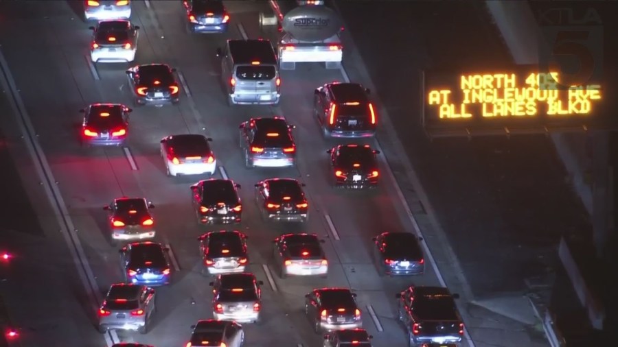 The California Highway Patrol shut down 405 Freeway lanes in Hawthorne after a shooting involving CHP officers on March 30, 2023. (KTLA)