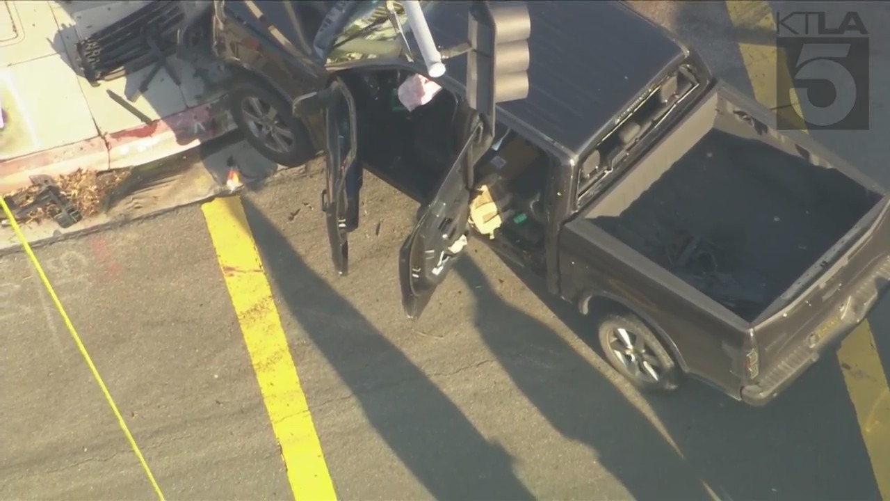 Suspect crashes into street pole during a pursuit in L.A. County. (KTLA)