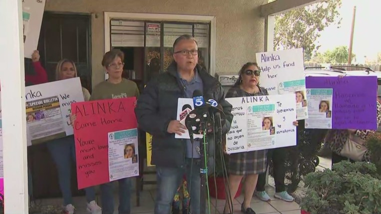 The family of Alinka Angeline Castaneda held a press conference pleading for the public’s help on March 17, 2023. (KTLA)