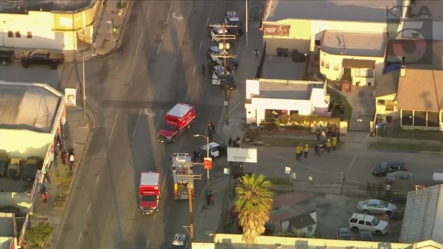 Driver crashes into building after high-speed pursuit in Hyde Park on March, 3, 2023. (KTLA)