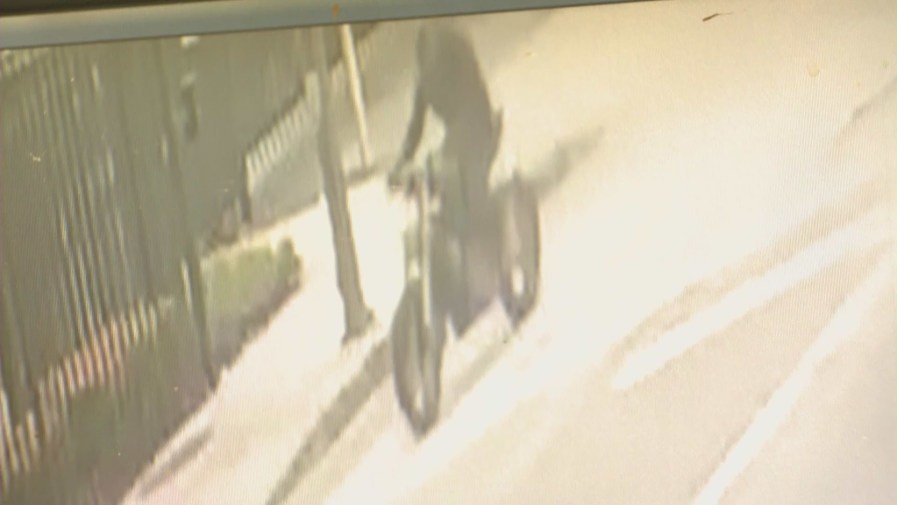 Motorcycle suspect seen in a surveillance video moments before a hit-and-run crash in Boyle Heights on March 30, 2023.