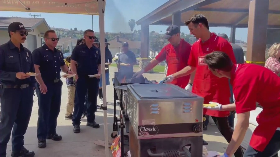 Locals gathered for a fundraiser held by the Monterey Park Fire Department to benefit those most affected by the January mass shooting on March 25, 2023. (KTLA)