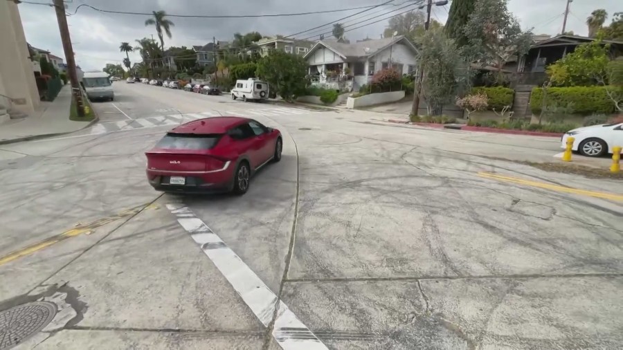 Tire burnout marks from illegal street stunts and takeovers in the Angelino Heights area. (KTLA)