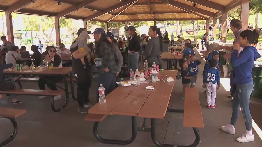 Locals gathered for a fundraiser held by the Monterey Park Fire Department to benefit those most affected by the January mass shooting on March 25, 2023. (KTLA)