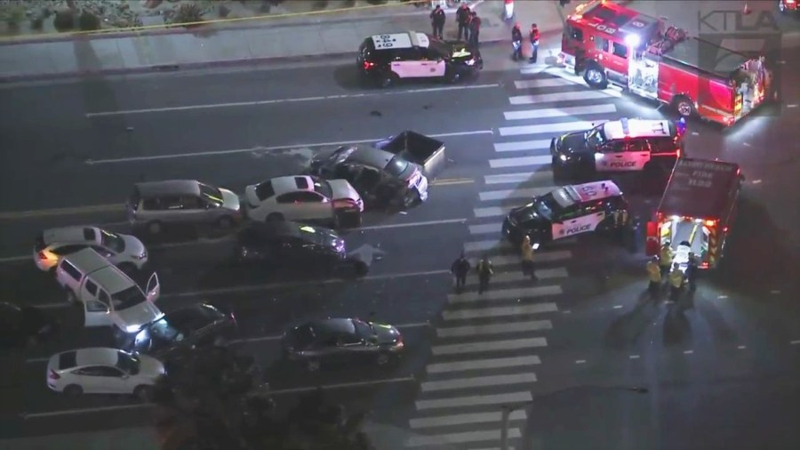 One person is dead and at least eight others were hospitalized after a multi-vehicle crash in Long Beach on Tuesday night. (KTLA)