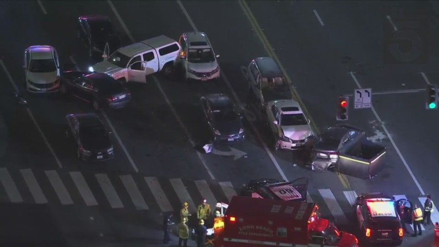 One person is dead and at least eight others were hospitalized after a multi-vehicle crash in Long Beach on Tuesday night. (KTLA)