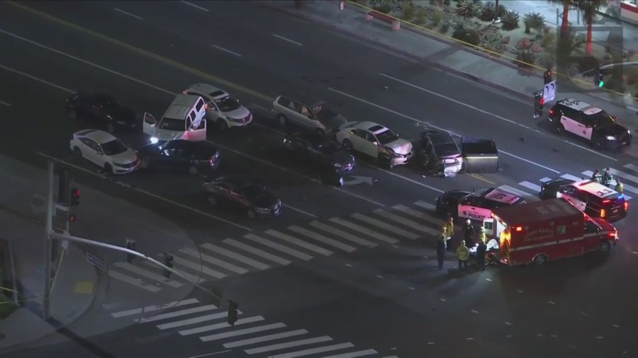 One person is dead and at least eight others were hospitalized after a multi-vehicle crash in Long Beach on Tuesday night. (KTLA)