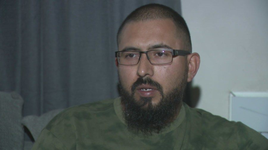 Daniel Villalobos, 32, recovering after surviving a stabbing attack in El Sereno on March 3, 2023. (KTLA)