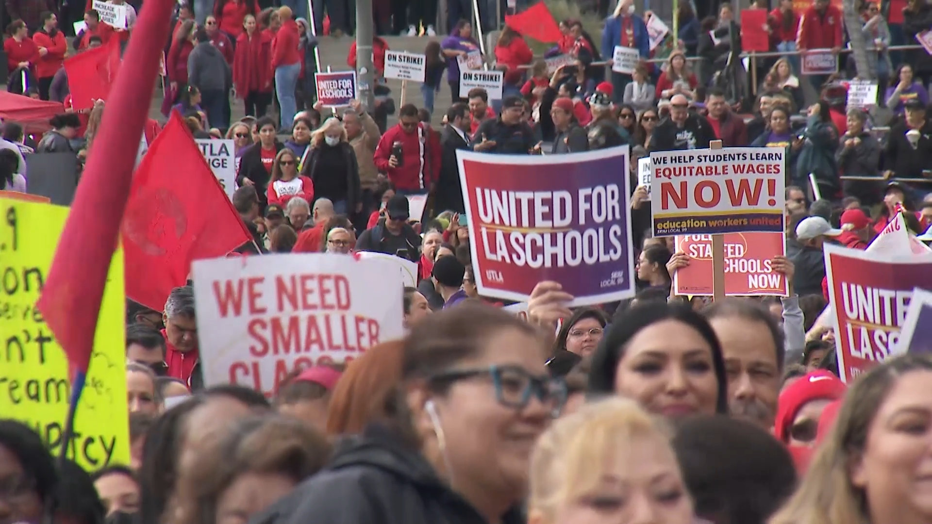 Los Angeles Unified School District union workers rally in downtown L.A. on March 15, 2023. (KTLA)