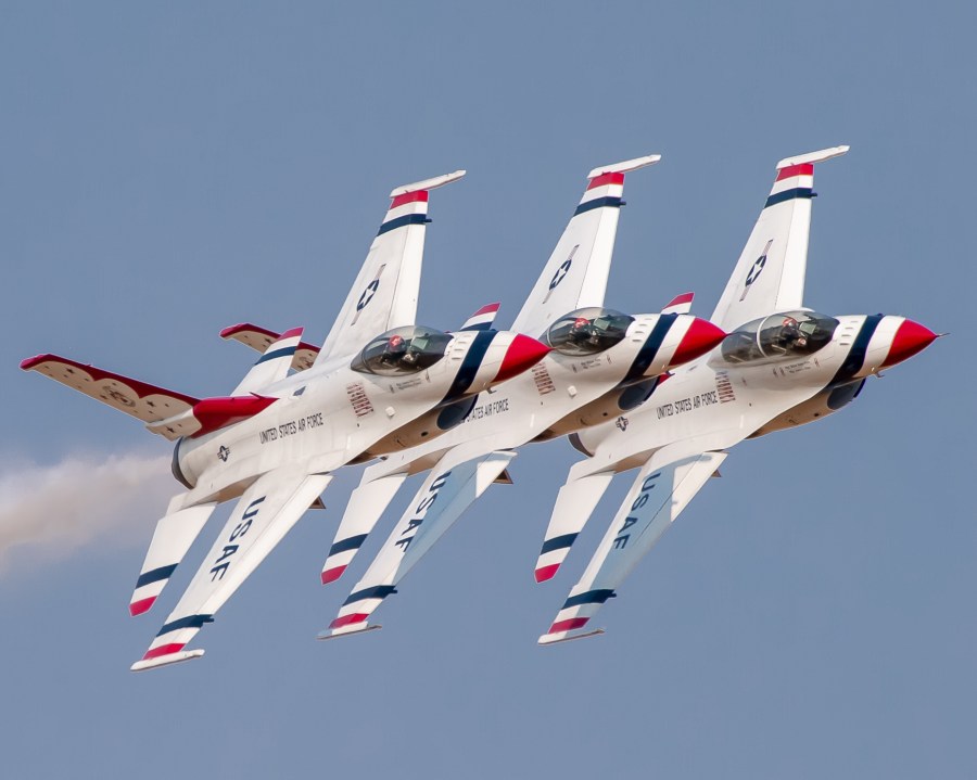 The U.S. Air Force Air Demonstration Squadron "Thunderbirds" perform at the California Capital Air Show in Mather, Calif., September 26, 2021. Since 1953, the Thunderbirds team has served as America’s premier air demonstration squadron, entrusted with the vital mission to recruit, retain and inspire past, present and future Airmen. (U.S. Air Force Photo/SSgt Cory W. Bush)