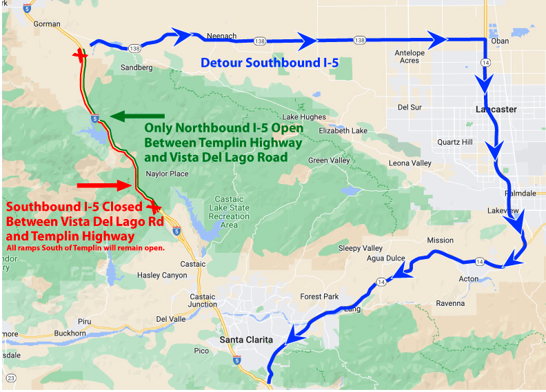 Caltrans shared this map of a detour around the closure of the southbound 5 Freeway on April 1, 2023.