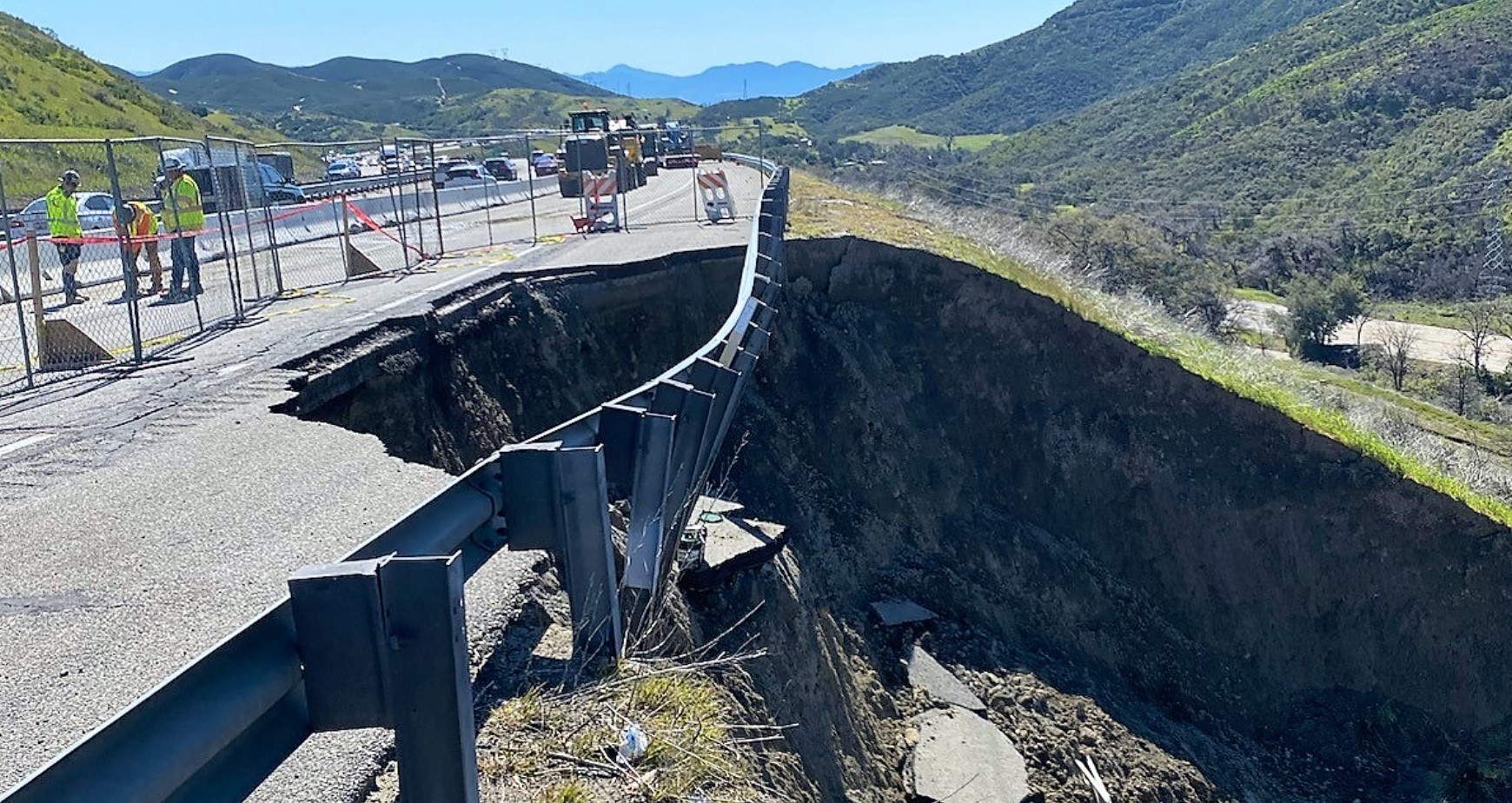 Caltrans shared this photo of a landslide that destroyed part of the 5 Freeway on April 1, 2023.